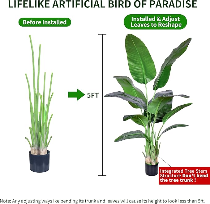 Artificial Bird of Paradise Plant,Faux Palm Tree Potted Plant with Real Touch Leaves,Fake Trees for Home Living Room Office Indoor Outdoor Decor(5FT-1Pack)