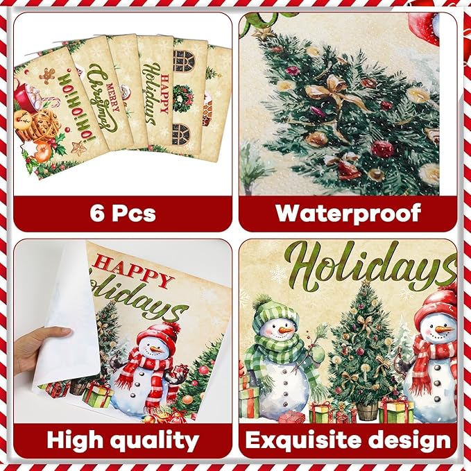 Christmas Placemats Set of 6 Retro Christmas Plastic Table Place Mats Merry Christmas Dining Mats Washable Xmas Holiday Rustic Vintage Table Decoration for Indoor Outdoor Christmas Party Dining Table