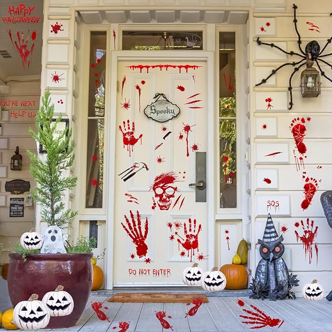 New Halloween Decorations 165 PCS, 8 Sheets Bloody Handprint Footprint Halloween Wall Decal Floor Window Stickers,10 Sheets Wound Tattoo Stickers