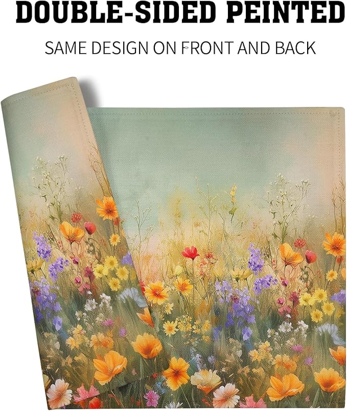 Floral Placemats Set of 4 Spring Summer Wild Flower Washable Non-Slip Heat Resistant Place Mats 12x18 Inch Vintage Rustic Linen Table Mats for Kitchen Dining Party Decor
