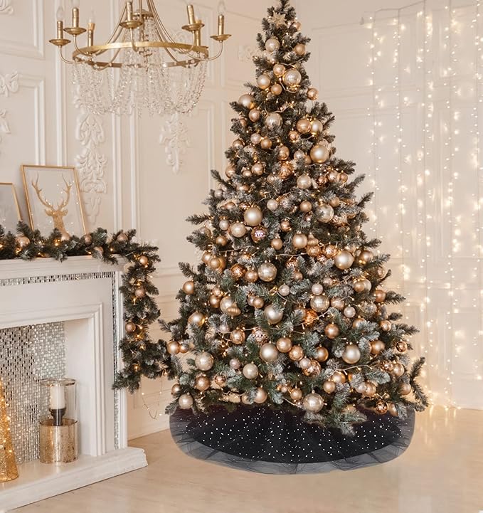 Christmas Wedding Tree Skirt,45 inch 4-Layer Fluffy Romantic Pleated Sparkly Halloween Skirt Decoration Xmas Tree Ornament for Holiday and Party(Black)