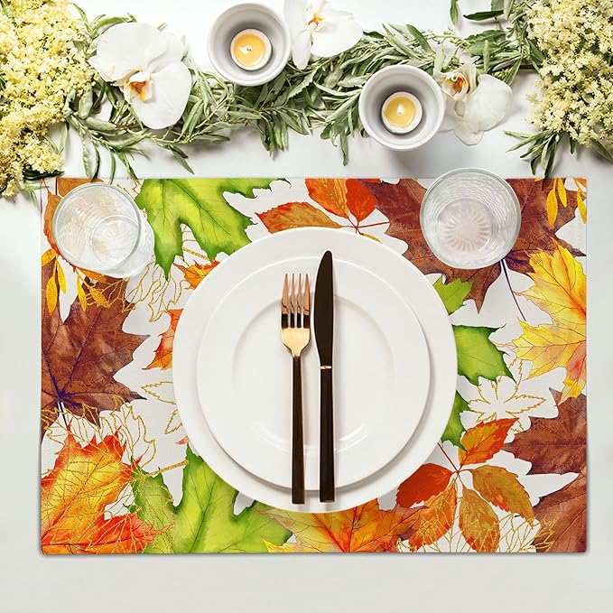 Fall Placemats Set of 4 Autumn Thanksgiving Maple Leaf Place Mats 12x18 Inch Seasonal Rustic Harvest Washable Table Mats for Party Kitchen Dining Decoration