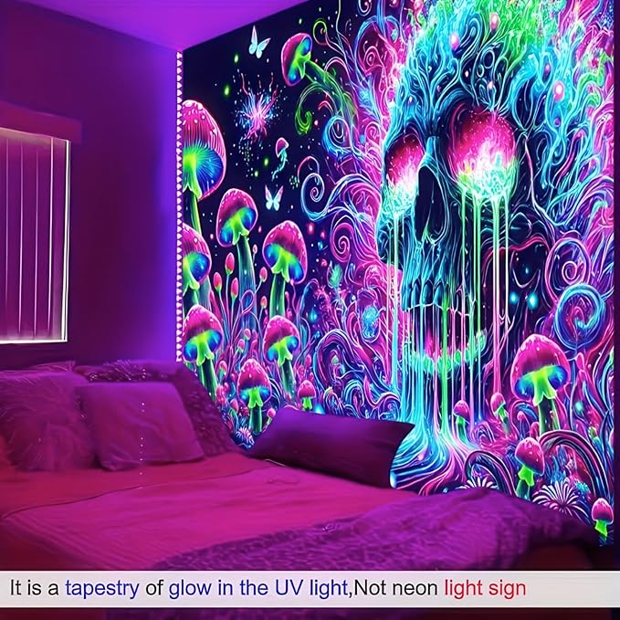 BlissYard Glowing Tapestry Blacklight Skull Tapestry 78x59 Inch Psychedelic Skull Mushroom UV Reactive Neon Mushroom Galaxy Space Tapestry Wall Hanging for Living Room Bedroom Party Backdrop Decor