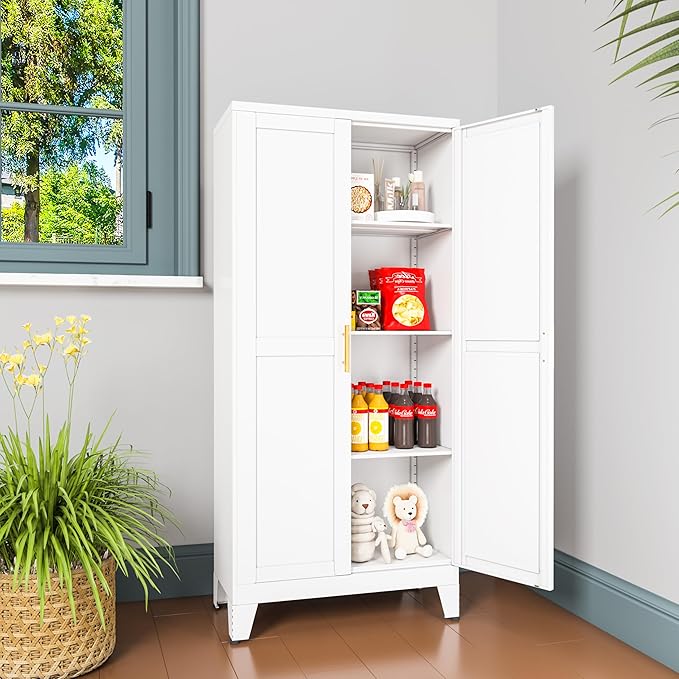 Metal Pantry Cabinet, Kitchen Pantry Storage Cabinets with 2 Door and 3 Adjustable Shelves, White Kitchen Pantry Cabinet, Freestanding Cupboard for Dining Room Living Room Bathroom