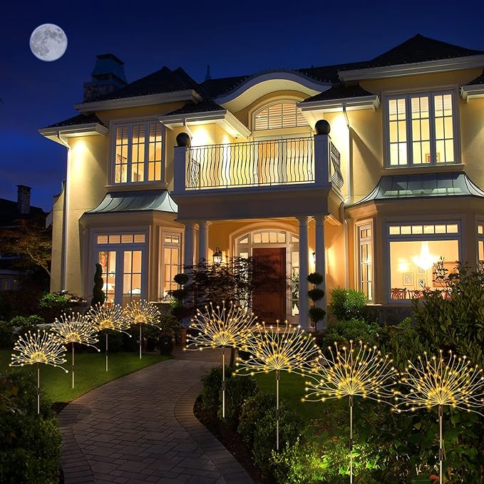 Solar Outdoor Warm White Garden Lights, 4 Pack Firework With 120 LED Starburst String 8 Modes Fairy With Remote, for Wedding Christmas, Lawn Backyard Party Patio Decoration