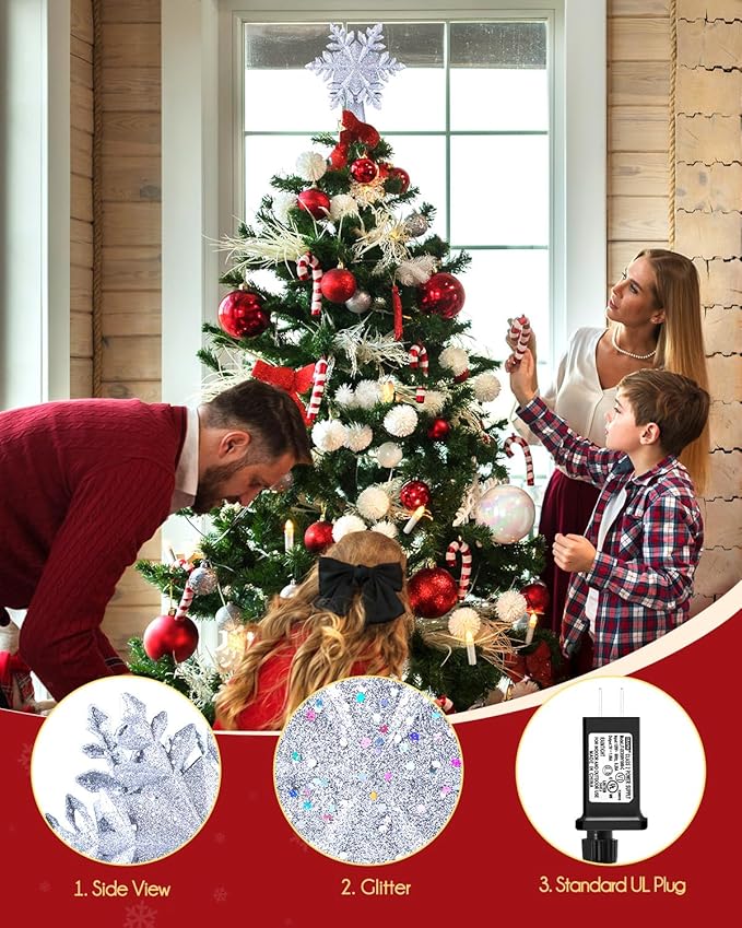 Christmas Tree Topper Lighted with Built-in Led Rotating Snowflake Projector Lights, 9.6” Hollowed Tree Topper with Silver Spangles Plug In for Indoor Home Xmas New Year Party Holiday Night Tree Decor