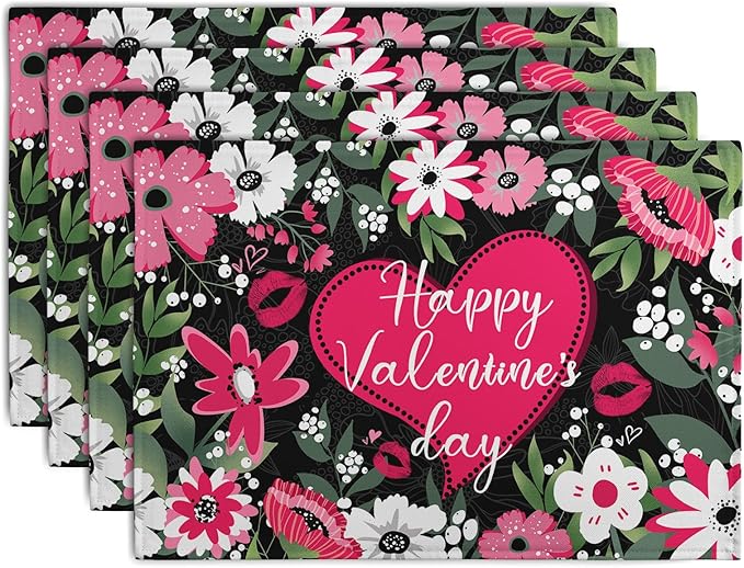 Happy Valentine's Day Placemats Set of 4 Valentine Flowers Love Heart Place Mats Pink Red White Floral Linen Table Mats Seasonal Black Placemat for Anniversary Wedding Party Kitchen Dining Decor