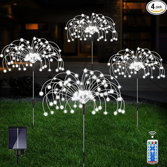 Unihoh Solar Garden Lights Outdoor, 4 Pack 120 LED Waterproof Decorative String Lights 8 Modes with Remote DIY Outdoor Decor for Pathway Walkway Yard (Cool White)