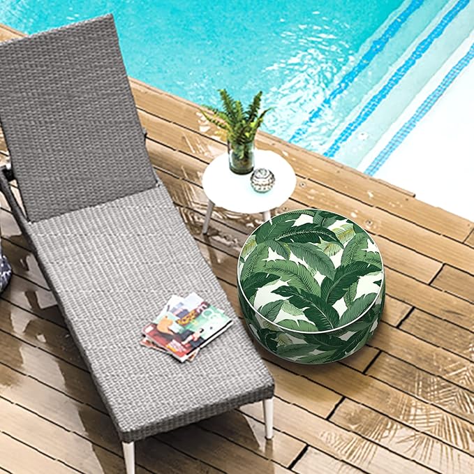 LVTXIII Outdoor/Indoor Round Inflatable Ottoman, All Weather Patio Footstool, Portable Footrest Seat for Patio Garden, Camping or Home, 21"x21"x9", Swaying Palms Green