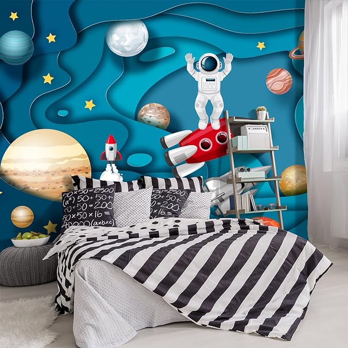 '-Kindergarten Children Galactic Planet Fabric Wallpaper Living Room Bedroom Boys Girls Children Cartoon Astronauts Large Mural- 183"x120"( not Peel and Stick)