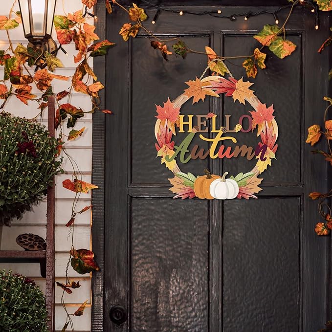 COLOR VALLEY ART Hello Autumn Wreath Sign, Fall Maple Leaf Wall Decor with Pumpkins, Rustic Wooden Thanksgiving Decoration, 11.4L''x11.4W'' (Maple Leaf Wreaths)