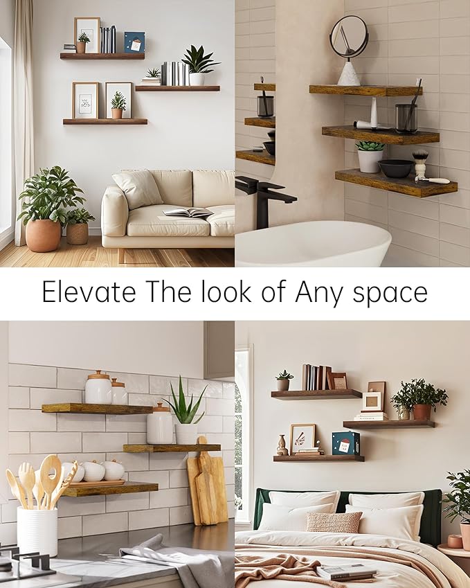 BAYKA Floating Shelves for Wall, 22.5 inches Wall Mounted Rustic Wood Shelves for Bathroom, Bedroom, Living Room, Floating Shelves for Books/Storage/Decor(Rustic Brown,Set of 3)