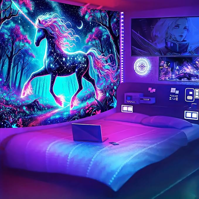 BlissYard Blacklight Unicorn Tapestry UV Reactive Forest Landscape Tapestries Wall Hanging Decor Neon Wolf Wall Tapestry Mysterious Poster Blanket Tapestry for Room Bedroom Dorm Party