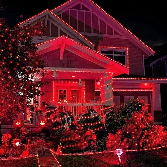 YEGUO 2 Packs Each 33ft 100 LED Solar Rope Lights Outdoor Waterproof, Red String Lights for Outside, 8 Modes Fairy Lights in Clear Thin Tube for Camping Fence Patio Garden Trampoline Deck