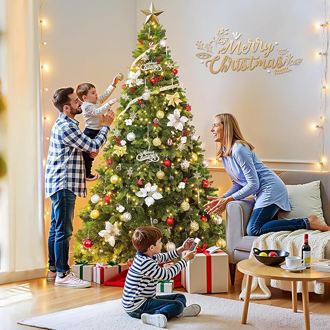 7.5FT Pre-Lit Christmas Tree with Remote Control, Multi-Color LED Lights, Musical Rotating Christmas Tree Stand, Easy Assembly in 3 Sections, Foldable Metal Stand for Home Holiday Decor