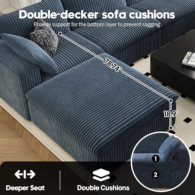 118" Cloud Couch Oversized Modular Sectional Sofa for Living Room,Modern Sofa with Deep Seat,V Shaped Boneless Couch,Comfy Upholstered Corduroy Couches for Apartment, Studio, Office,Bedroom,Blue