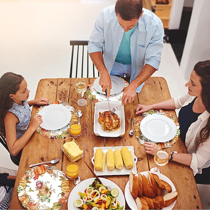 50Pcs Fall Round Paper Placemats,13.4 Inch Autumn Pumpkin Round Table Mats Fall Oval Scalloped Disposable Placemats for Harvest Birthday Thanksgiving Party Supplies