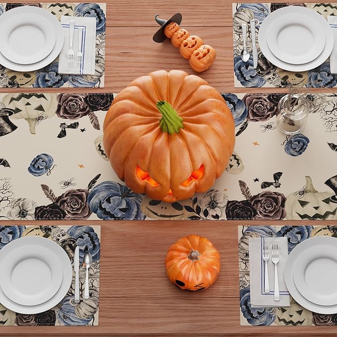 XCHI Spooky Blue Pumpkin Halloween Table Runner Party Table Decoration for Home Kitchen Dining Holiday Decor 13x36 Inch