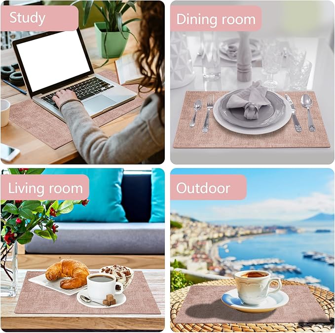 Faux Leather Placemats Set of 6,Heat Resistant Placemats for Dining Table, Easy Clean Non-Slip Place Mats, Waterproof Stain Resistant Wipeable Washable PU Table Mats, (Pink)
