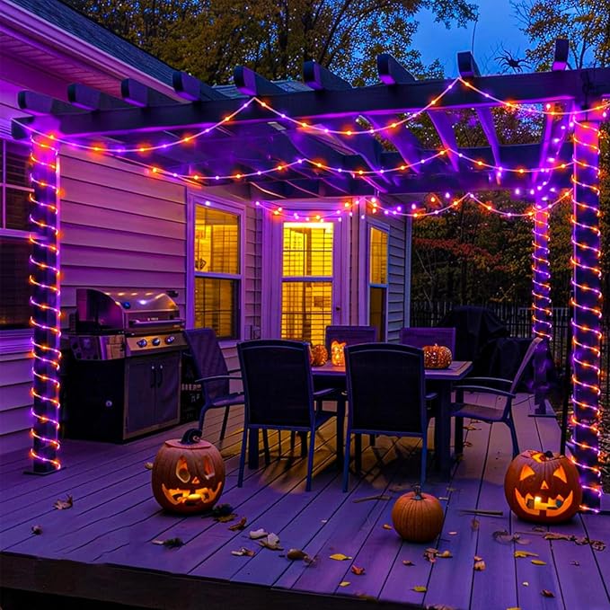 Purple Orange Halloween Lights, 66FT 200 LED Rope Lights for Outside Waterproof with 8 Modes, Connectable Tube String Lights for Indoor, Garden, Backyard, Patio, Deck, Pool, Tree Decorations