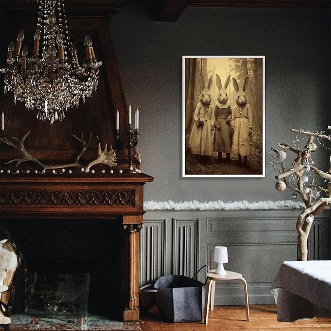 Vintage Horror Spooky Three Rabbits In Occult Forest Spooky Canvas Wall Art Poster Gothic Dark Academia Decorations Room Creepy Print Retro Halloween Wall Decor 24X36inch Unframed