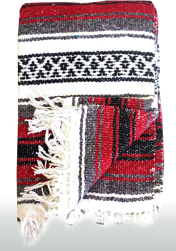 Del Mex Classic Mexican Blanket, Large Authentic Woven Falsa Throw (70"x50"), Artisan Southwest Décor for Beach, Yoga, Outdoors (Red)