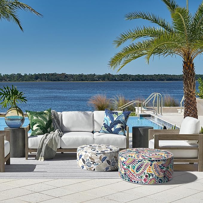 LVTXIII Indoor/Outdoor Inflatable Ottoman, D31 x H14 Inch Large Round Ottoman, All Weather Foot Rest Stool, Portable Footrest for Patio, Garden, Camping and Home - Vigour Paisley