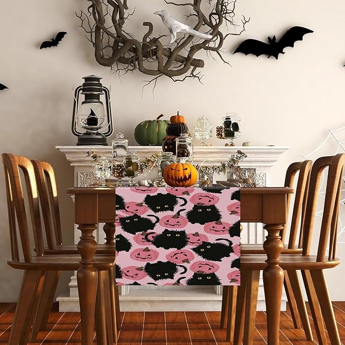 Halloween Table Runner Black Cat Pink Pumpkins Seasonal Kitchen Dining Table Home Outdoor Party Decorations 13x36 Inch