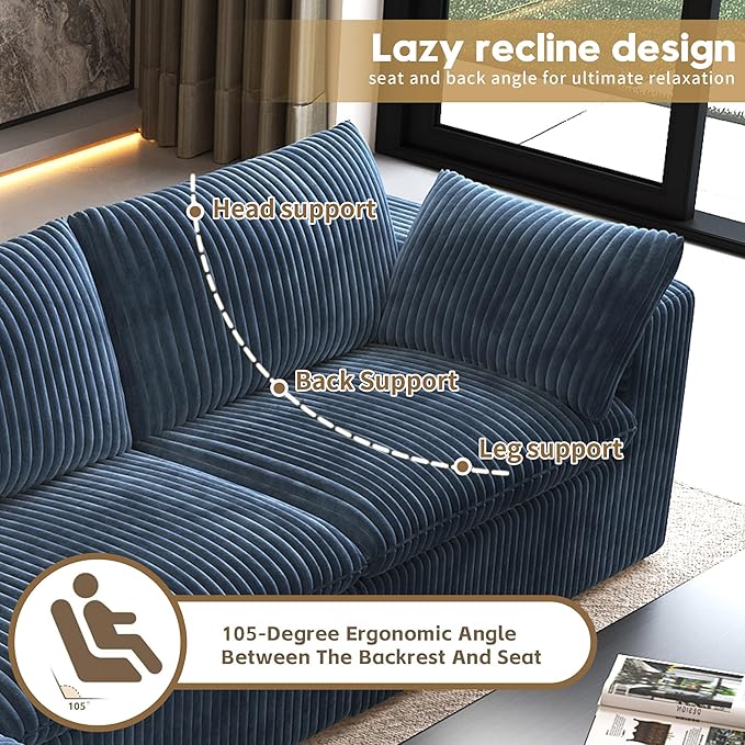 118" V Shaped Corner Modern Sofa Modular Sectional Cloud Couch,Deep Seat Upholstered Couches with Plush Corduroy Fabric for Living Room Furniture,Bedroom and Apartment,No Assembly Required,Blue