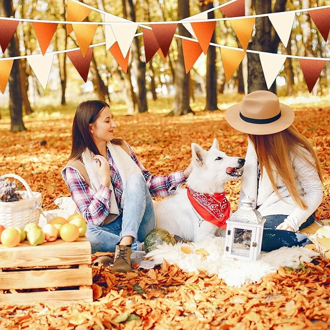 MARFOREVER 30 Pcs Fall Banner Decorations 28 Ft Orange Gold Brown Triangle Flag Fabric Bunting for Happy Fall Decor Thanksgiving Day Harvest Autumn Wedding Birthday Party Garden Outdoor Decoration