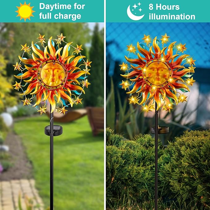 Solar Wind Spinner Metal Sun Decor, Wind Sculptures & Spinners 60.3 in Garden Kinetic Art with Solar Powered Vine String Shining LED Lights for Outdoor Garden Lawn Yard