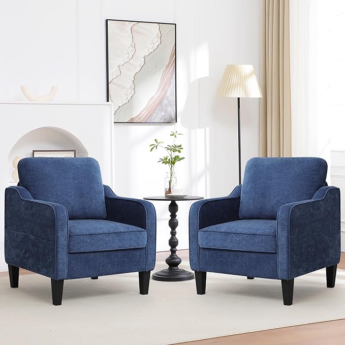 Accent Chair for Living Room, Mid Century Modern Reading Chair for Bedroom, Upholstered Armchair with Side Pockets, Comfy Single Sofa Side Chair for Office, Apartment, Small Room, Blue