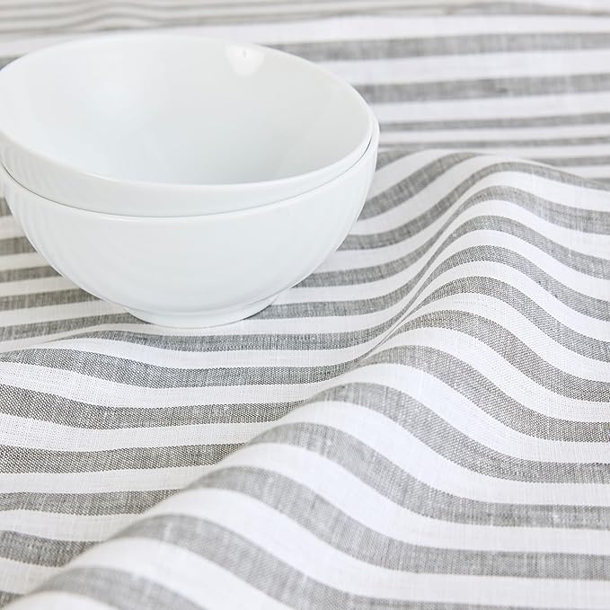 Solino Home Linen Tablecloth 60 x 120 Inch - Amalfi Stripe 100% Pure Linen Grey and White Table Cloth for Rectangle Tables - Machine Washable Fabric Tablecloth for Fall, Autumn