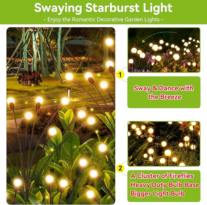 Solar Garden Lights Outdoor Waterproof, 4 Pack 32 LED Swaying Light Firefly Light Outdoor Decor Lights for Garden Gifts for Pathway Party Christmas Decoration, Warm White