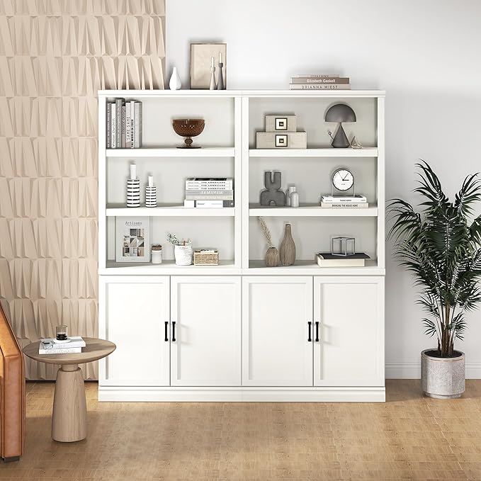 70 Inch Tall Bookcase with Doors, Library Office Bookshelf with Adjustable Shelves, Floor Standing Storage Cabinet for Bedroom Living Room Organizer with Anti Tipping Kit, Soft White Finish