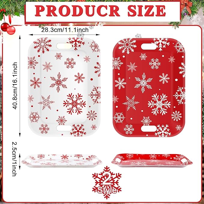 2Pcs Winter Serving Trays 16.1 x 11.1 Inch Large Melamine Christmas Trays Platters with Handles Rectangular Snowflake Melamine Dish for Serving Food Outdoor Dinner Dessert Plates Party Decorations