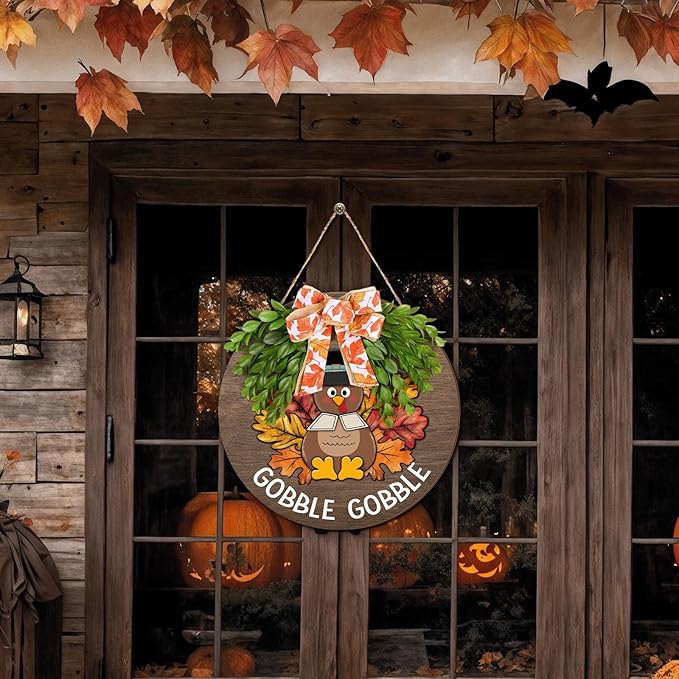 Boao 12 Inch Thanksgiving Door Decor Turkey Gobble Wooden Sign for Front Door Decorations Thanksgiving Sign with Bow Wall Art Hanging Wreath Decorations for Harvest Home Outdoor Farmhouse Porch Hanger