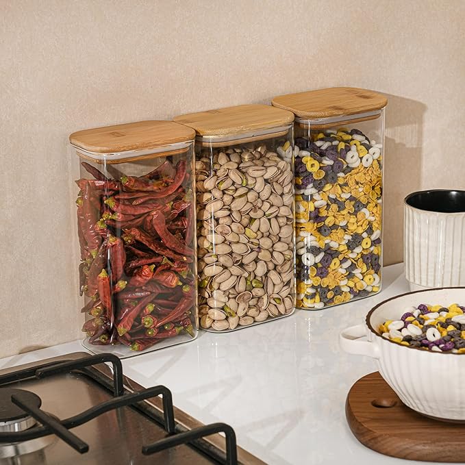 56oz Rectangle Airtight Glass Storage Containers with Bamboo Lids (Set of 4), Square Food Storage Jar, Pantry Organizers for Oats, Cereal, Pasta and Coffee beans (with Black Lable)