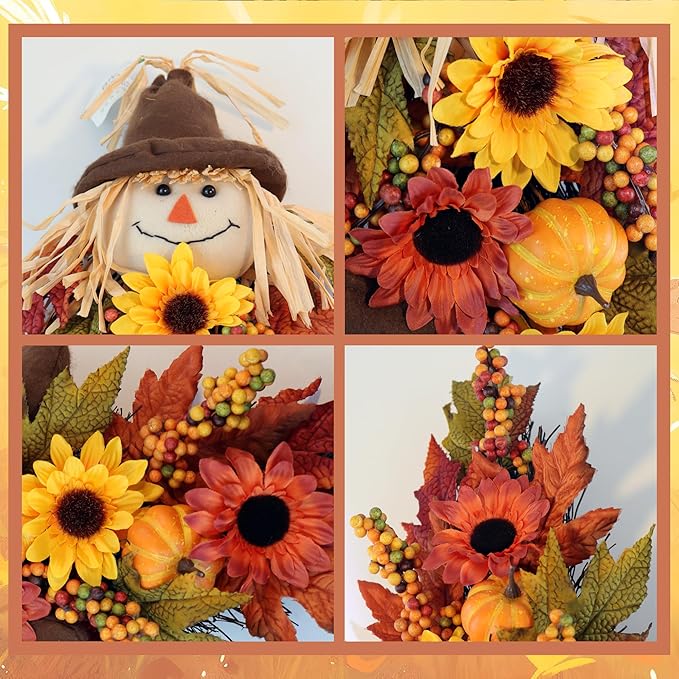 24" Rustic Fall Scarecrow Teardrop Swag โ Farmhouse Sunflower & Pumpkin Wreath โ Autumn Harvest Hanging Decor for Front Door, Wall, Porch, Indoor/Outdoor