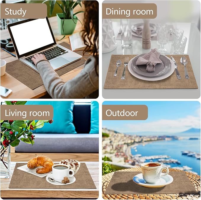 Faux Leather Placemats Set of 6,Heat Resistant Placemats for Dining Table, Easy Clean Non-Slip Place Mats, Waterproof Stain Resistant Wipeable Washable PU Table Mats, (Coffee)