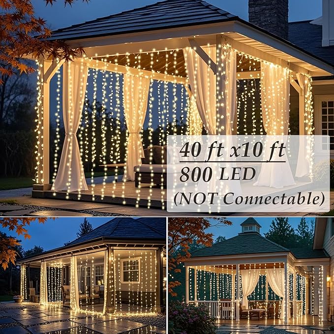 Solhice LED Curtain Lights Outdoor 40ft x10ft, 800 LED Plug in Hanging String Lights Indoor, Christmas Twinkle Lights Backdrop for Outside Backyard Patio Wedding Décor, Warm White (Not Connectable)