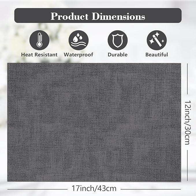 Faux Leather Placemats Set of 6,Heat Resistant Placemats for Dining Table, Easy Clean Non-Slip Place Mats, Waterproof Stain Resistant Wipeable Washable PU Table Mats, (Dark Grey)