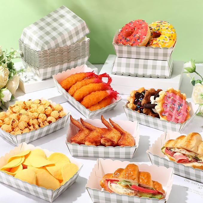 48 Pcs Gingham Party Supplies Sage Green Gingham Paper Food Trays Green and White Nacho Boat Trays Disposable Snack Holder for Spring Birthday Party Baby Shower Bridal Wedding Supplies