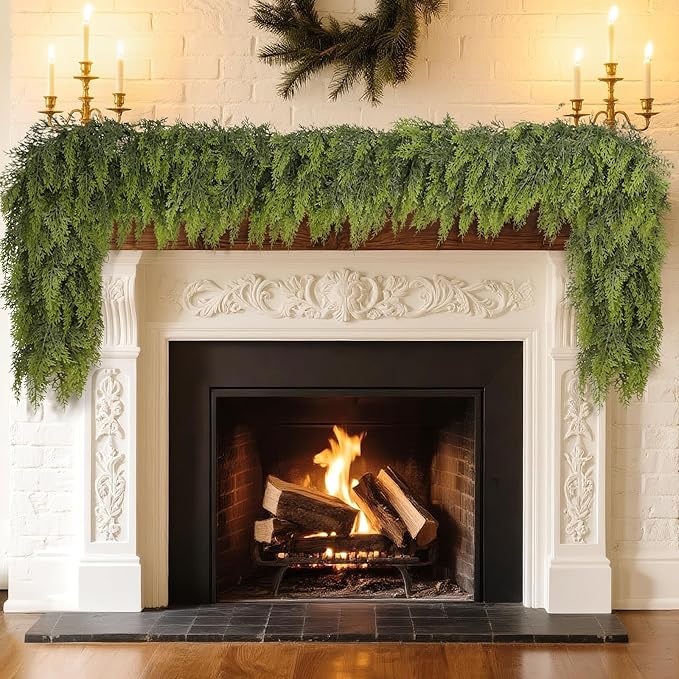 6FT Real Touch Cedar Garland - Artificial Christmas Garland Fake Green Faux Thick and Lush Pine Needles Garlands for Table Fireplace Mantle Holiday Home Indoor Outdoor Decor (1PCS)