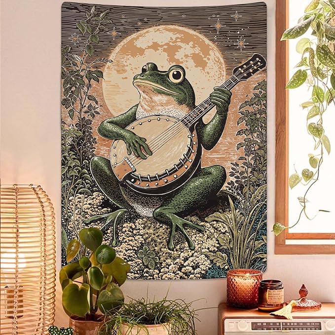 Lunerfex Moonlit Banjo Frog Wall Tapestry, Whimsical Amphibian Musician Tapestries for Room Decor, Folk Art Tapestry 60L x 80W