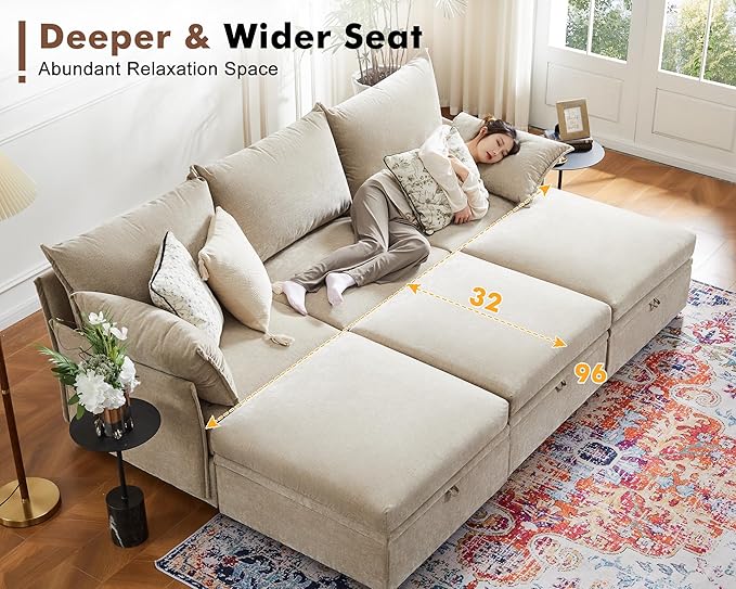 136.4" Oversized Modular Sectional Sleeper Sofa Bed, U Shaped Convertible Couch with Movable Ottoman, Large 8 Seat Corner Couches for Living Room Deep Seat Beige Chenille