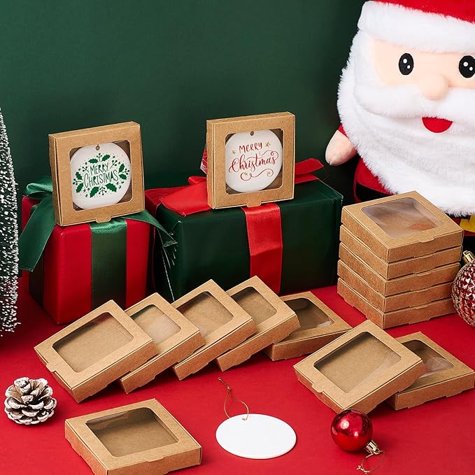 25 Pcs Sublimation Ornament Blanks Box 3.6"x3.6"x0.7" Christmas Ornaments Holder Ceramic Discs Packaging Box with Window for Personalized Xmas Tree Blanks Bulk (Kraft Paper)