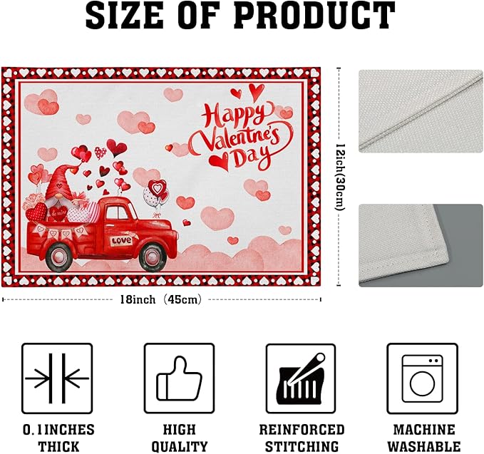 Valentines Day Placemats Red Truck Love Heart Placemats Set of 4 Cute Gnome Place Mats for Kitchen Dining Party Table Home Decoration Size 18x12 in
