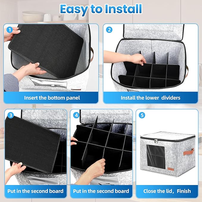 2-Layer Coffee Mug Storage Box with Dividers, Cup Storage Organizer with Zipper Lid and Handles, Stackable China Storage Containers Service for 24 Mugs, Cups and Glasses, Light Grey