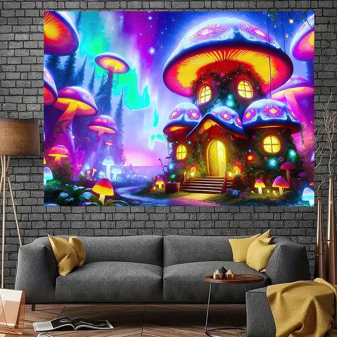 BlissYard Black Light Tapestry Uv Reactive Tapestry Glow Tapestry 78x59 Inches Enchanted Mushroom Village Wall Hanging, Fluorescent Art Decor with Glowing Mushrooms, Forest, and Fantasy Elements